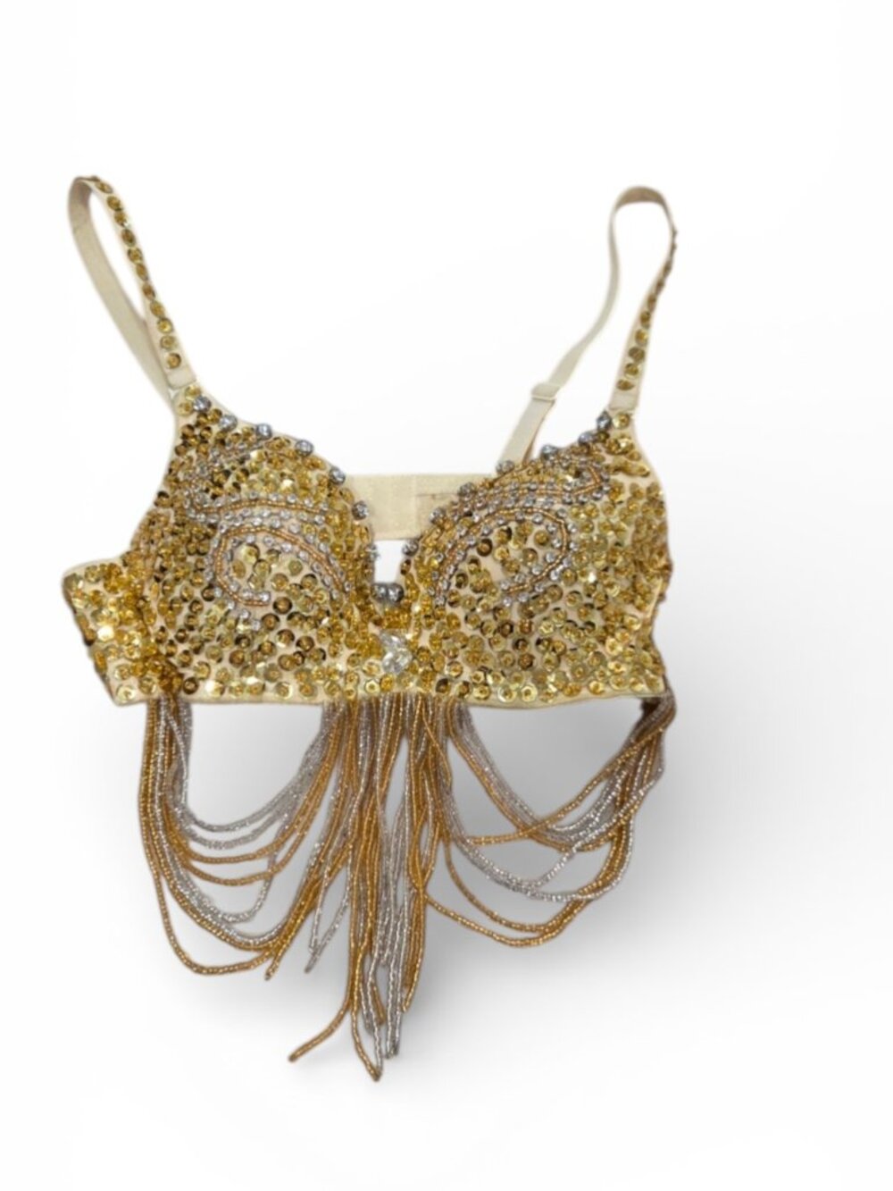 Gold Sequin Beaded Fringe Bralette Top Festival Rave Belly Dance Costume 34